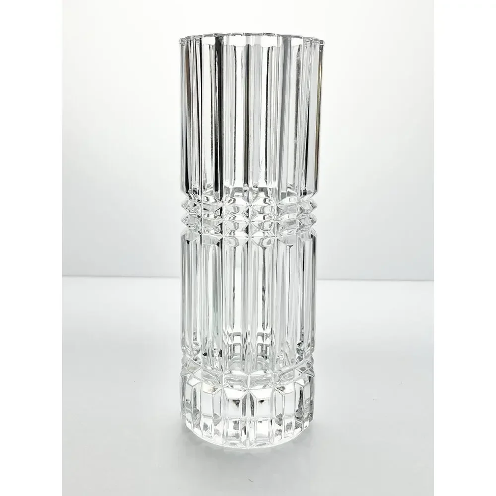 Vintage French Contemporary Postmodern-Style Cylinder Column Cut Crystal Vase 9”